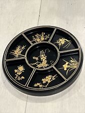 Vintage Black & Gold Lacquered Wood Round Japanese Sectional Condiment Trays 12