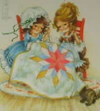 Vintage Friendship card, prairie girls sewing quilt, Charmers 5 1/2