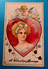 Pretty Lady Portrait in red heart portrait with CUPID, BLUE RIBBONS early 1900's picture