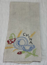 Vintage Kitchen Show Towel, Embroidered Flower, Saucer & Tea Cup Design, Linen picture