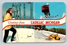Greetings Cadillac Michigan Scenic Multi View Winter Sports Chrome Postcard picture