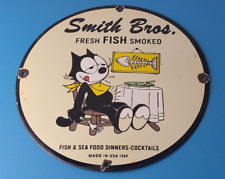 Vintage Smith Bros Sign - Felix the Cat Fresh Fish Meat Porcelain Gas Pump Sign picture
