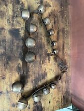 Antique Brass Jingle Sleigh Bells on a Primitive Leather Strap 14 Bells picture