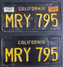 1963 Vintage California Black & Yellow License Plates - Pair MRY 795 picture
