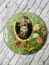 Antique Victorian Mourning Button Celluloid Photo Tin Ornate Frame picture
