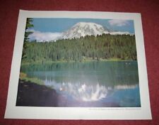 Large NORTHERN PACIFIC RR Poster Relection on Lake Mount Rainier National Park  picture