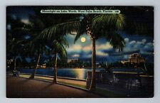 West Palm Beach FL-Florida, Moonlight On Lake Worth, Vintage c1946 Postcard picture