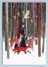 GIRL and Roe Deer RED FOX Bullfinch LYNX Owl WINTER FOREST New Unposted Postcard picture