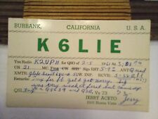 VTG QSL CARD, K6LIE, Burbank, California, Feb 1961,VGC QSL picture