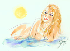 Playboy Artist Doug Sneyd Signed Original Art Sketch ~ Sunbathing Blond In Ocean picture