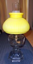 Antique Pressed Glass EAPG Oil Lamp + Yellow Ribbed Shade, Brass Burner, Chimney picture