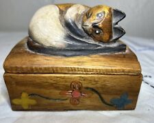 Vintage Hand Carved Wood Kitty Cat Trinket Dish FolkArt  picture