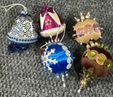 VINTAGE Christmas Ornaments Push Pin Beaded Satin Sequin Handmade Lot Of 5 #2 picture