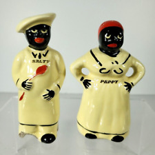 Pair SALTY & PEPPY salt & pepper shakers vintage Ceramic w/ cork stoppers; chef picture