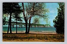 Mackinaw City MI-Michigan, Mackinac Bridge, Suspension Bridge Vintage Postcard picture