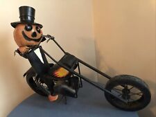 Pumpkin Biker  Riding Motorcycle Jack-o-Lantern Metal Halloween Sculpture picture