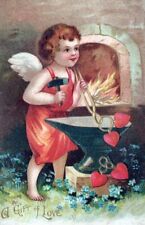 VALENTINE'S DAY - Cupid At Anvil Joining Hearts Postcard - 1909 picture