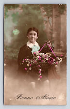 c1913 RPPC Portrait of Young Boy With Flowers French Hand Colored Postcard picture