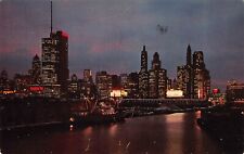 Chicago IL Illinois Downtown Skyline River Night View Twilight Vtg Postcard M5 picture