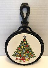 Vintage Black Cast Iron White Tile Kitchen Trivet  Christmas Tree And Gifts New picture