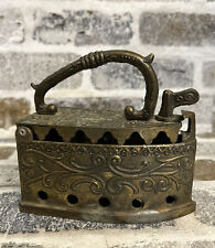 Antique Sad Iron Ornate Brass Coal Heated Small Lace Collar Iron Working Italy picture