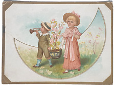 Antique Victorian Easter Card Boy & Girl Trumpet Playing Pink Flowers Moon LOVE picture