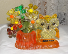 Vintage MCM Mid-Century Lucite Owl on a stump & flowers leaves READ Damaged picture