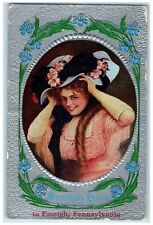 1913 Something Doing In Emeigh PA Embossed Woman Holding Vintage Hat Postcard picture