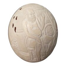 African Ostrich Egg Hand Carved Etched two men Artist Signed / antler type stand picture