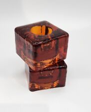 Amber Orange MCM Pair Of Ice Cube Candle Holders VTG Marked Wicks N Sticks USA picture