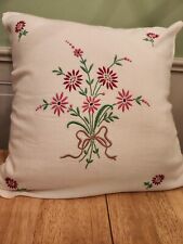 Vtg Satin Embroidered red/pink flowers Cushion /pillow cover 18x18  picture
