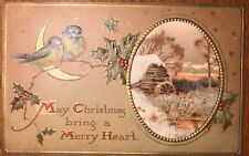 Embossed Postcard “May Christmas Bring a Merry Heart” Birds, Gold Crescent Moon picture