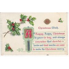 1909 Original Christmas Postcard Embossed A Christmas Wish Postmarked Stamp picture