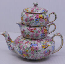 VINTAGE LORD NELSON WARE CHINTZ STACKING TEAPOT, CREAMER, SUGAR, MARINA PATTERN picture