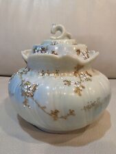 Antique Powder Bowl W/ Lid  French Style Pale Blue & Mint Green W/  Gold Accent picture