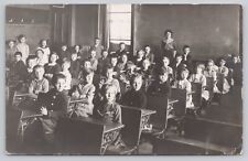 Vtg RPPC Post Card School House Class Picture Students At Desk With Teacher H410 picture