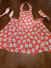 Vintage Full Bib Apron Light Red With Gray and white Flowers Front Pocket picture