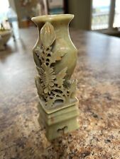 Vintage Asian Hand Carved Soapstone Art Vase Floral Design Olive Green 7
