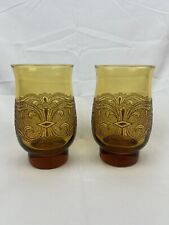 Libbey Americana Vintage 70's Tumbler Set of 2 Amber Glass Boho Embossed Floral picture