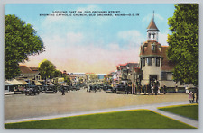 Postcard, Old Orchard Street, Catholic Church, Old Orchard, Maine, Cars, People picture
