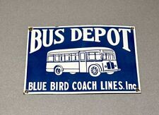 VINTAGE 15” BLUE BIRD BUS DEPOT COACH LINE PORCELAIN SIGN CAR GAS OIL AUTO picture