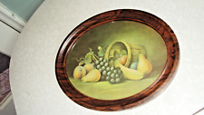Vintage Oval Tin Metal Faux Tiger Wood Picture Frame Fruit Print 12
