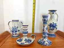 two Deflt blue flower vases and two candle holders picture