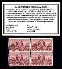 1950 - CASEY JONES (RR ENGINEERS) -  Block of Four Vintage U.S. Postage Stamps picture