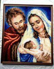 Vintage Wall Hanging Rug Illustration of JOSEF MARY BABY JESUS  in Wooden Frame picture