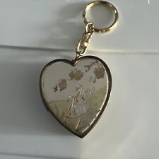Vintage Etched Multi toned Musical Heart KEYCHAIN with Swans Key Ring Music Box. picture