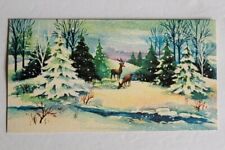 Vintage 1950s Deer In Snowy Country Blue Green Trees Beautiful Christmas Card picture