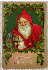 Merry Christmas embossed postcard Santa in Red Coat Robe holly border picture
