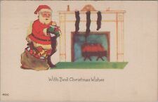 c1920s Christmas Santa Claus fireplace stockings sack toys postcard A505 picture