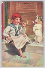 Postcard Young Boy Smoking With Dog Jack Russell Terrier 